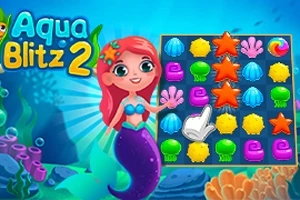赤い髪の人魚が海底でパズルゲームの画面を指差しているイラスト。