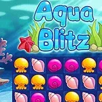 青い背景の水中に、カラフルな貝やクラゲのアイコンが並んでいるデジタル画面。