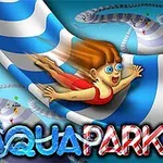 青い縞模様のウォータースライドを滑っている赤い水着のキャラクター。