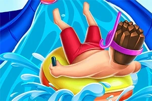 赤いショートパンツを履いた人物が黄色い浮き輪でウォータースライドを滑っている。