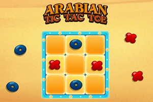 黄色の背景に、青と赤の駒が使われた3x3のボードゲーム。