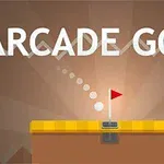 茶色の背景に白い文字で「ARCADE GOLF」と書かれ、中央に旗が立ったゴルフマットが描かれている。