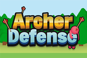 カラフルな文字「Archer Defense」と緑の森を背景に、文字に矢が刺さっているデザイン。