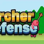 カラフルな文字「Archer Defense」と緑の森を背景に、文字に矢が刺さっているデザイン。