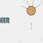 白い背景に「ARCHER」というテキストと矢が刺さった丸太のイラスト。