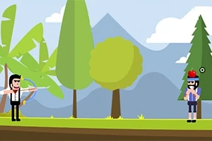 木々や山々を背景に、弓を持った人物がリンゴを頭に乗せた別の人物を狙っているシーン。