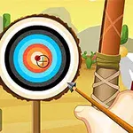 砂漠の背景に、アーチェリーの的を狙う弓矢のイラスト。