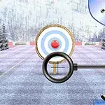 30メートル先の雪景色の中、アーチェリーの的を狙う青い弓が描かれたイラスト。