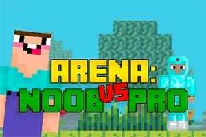 キャラクター2人が描かれたブロック状の背景に「ARENA: NOOB VS PRO」と書かれた画像。