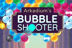 カラフルなバブルが画面上部に並び、中央には「Arkadiums BUBBLE SHOOTER」と書かれたタイトルが配置されています。