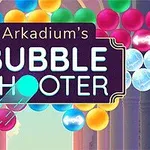 カラフルなバブルが画面上部に並び、中央には「Arkadiums BUBBLE SHOOTER」と書かれたタイトルが配置されています。