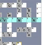 クロスワードパズルの一部を示す画像で、青とグレーの背景に黒い文字が配置されています。