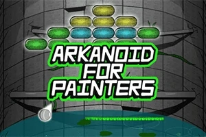 レンガ状のブロックと「ARKANOID FOR PAINTERS」の文字がある壁の前景。
