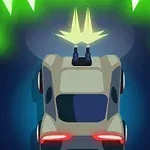 上から見た車がガンを発射している様子で、背景は暗く、緑の光のエフェクトが周囲に広がっている。