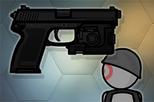 銃を持ったキャラクターのイラストが背景に六角形の図形と共に描かれている。