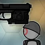 銃を持ったキャラクターのイラストが背景に六角形の図形と共に描かれている。
