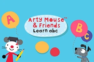 青い背景にネズミと犬のキャラクターがアルファベットのA、B、Cが描かれた風船を持っているイラスト。
