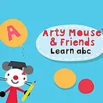 青い背景にネズミと犬のキャラクターがアルファベットのA、B、Cが描かれた風船を持っているイラスト。