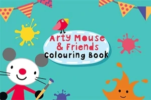 カラフルな旗とペイントスプラッシュが背景に描かれたネズミのキャラクター。