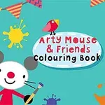 カラフルな旗とペイントスプラッシュが背景に描かれたネズミのキャラクター。