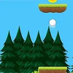 青い空の下、木々の背景と浮いている足場の上に白いボールとコインが描かれています。