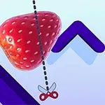 いちごがドット線で吊るされ、下にハサミが描かれたシンプルな背景の画像。