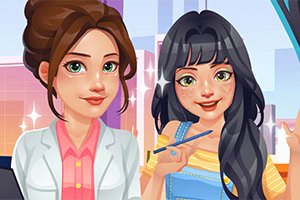 2人の女性が建物の前で微笑んでいるイラスト。
