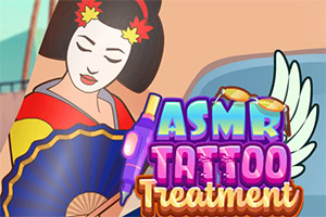 和服を着た女性が扇子を持ち、隣に「ASMR Tattoo Treatment」というロゴがあるイラスト。