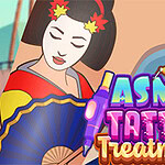 和服を着た女性が扇子を持ち、隣に「ASMR Tattoo Treatment」というロゴがあるイラスト。