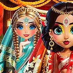 2人のキャラクターが華やかな衣装を身に着けており、明るい背景にはランタンと装飾が施されています。