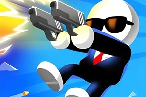 サングラスをかけたキャラクターが、青い背景で2つの銃を持ってアクションを取る。