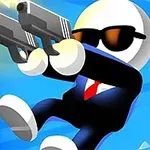 サングラスをかけたキャラクターが、青い背景で2つの銃を持ってアクションを取る。