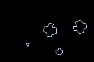 黒い背景に白い多角形のアウトラインと小さな三角形のシェイプがあります。