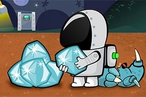 宇宙服を着たキャラクターが、大きな青いクリスタルを持っている。
