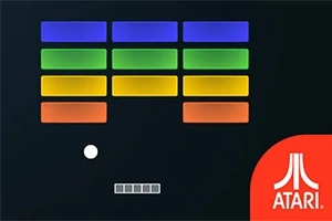 カラフルなブロックが並び、下部にバーとボールがあり、右下に「ATARI」のロゴが表示された画像。