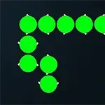 緑の円が一列に並び、その先に赤い目を持つ顔とキノコの形をした物体が描かれている。