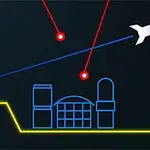 青い線で描かれた都市と赤い線による攻撃、上空を通過する白い飛行機、右下にある赤い背景に白で「ATARI」と書かれたロゴ。