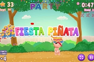 カラフルな「FIESTA PIÑATA」の文字と木の下でパーティーの飾りがある風景。