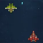 宇宙を背景に緑色と赤色の2機のスぺースシップが描かれている。