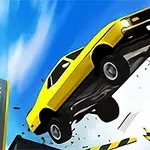 黄色い車がジャンプしながら道路から外れている瞬間。