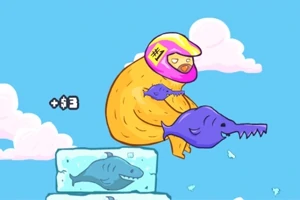 ヘルメットをかぶったキャラクターが空を飛び、紫色の魚を手にしていて、背景に氷に閉じ込められたサメが描かれているイラスト。