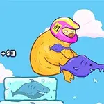 ヘルメットをかぶったキャラクターが空を飛び、紫色の魚を手にしていて、背景に氷に閉じ込められたサメが描かれているイラスト。