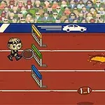 陸上トラックでキャラクターがラケットを持ってハードルを飛び越えるシーン。