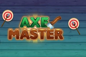 緑と茶色の「AXE MASTER」というタイトルと、二つの的が描かれたカラフルな木製の背景。