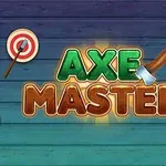 緑と茶色の「AXE MASTER」というタイトルと、二つの的が描かれたカラフルな木製の背景。