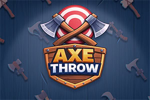 暗い木目背景に斧が散りばめられ、的と交差した斧、盾形の「AXE THROW」ロゴが中央に描かれている。
