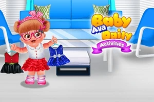 赤いスカートとメガネをかけた赤ちゃんが、青いソファがある部屋で衣装を選んでいる。