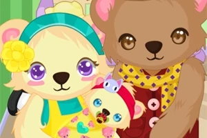 かわいらしいクマの家族がカラフルな衣装で並んでいる。