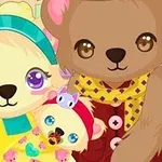 かわいらしいクマの家族がカラフルな衣装で並んでいる。
