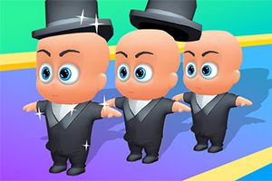 小さな体に大きな頭を持つ、タキシードを着た3人のキャラクターが、大きな目で前を見ている。